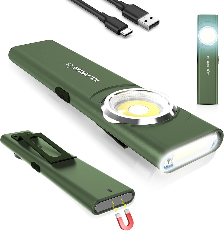 klarus E5 Pocket Flashlight, Rechargeable EDC Flashlight, Super Slim 4.2x1x0.3inch, 600 Lumens, USB-C Port, IPX4, Dual Light Source with Magnetic Base, Hat & Clothes Clip