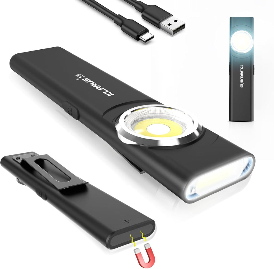 klarus E5 Pocket Flashlight, Rechargeable EDC Flashlight, Super Slim 4.2x1x0.3inch, 600 Lumens, USB-C Port, IPX4, Dual Light Source with Magnetic Base, Hat & Clothes Clip - Black